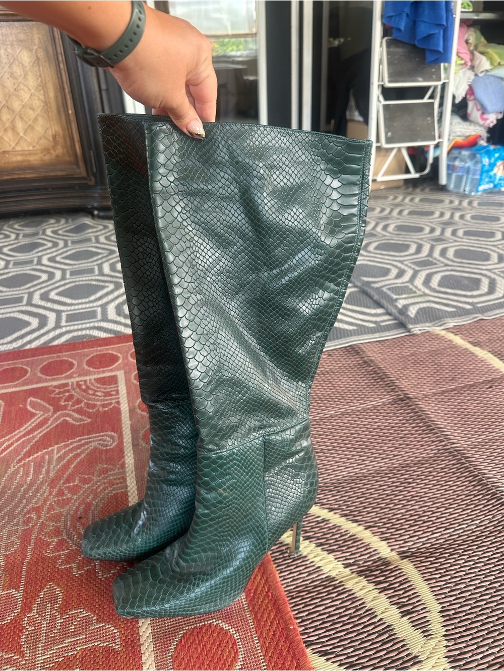 Cole Haan Dark Green Snake-Embossed Over-the-Knee Pointed-Toe Boots